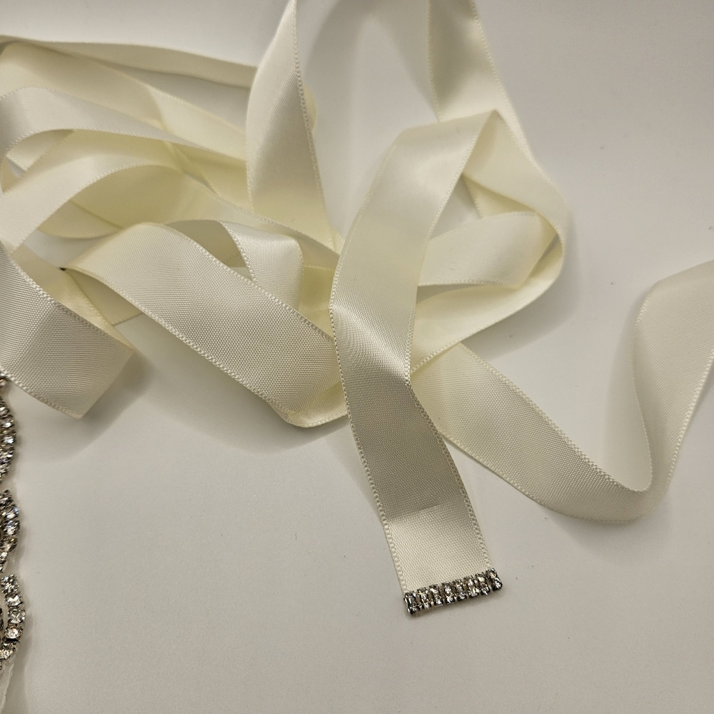 Bridal Belt Wedding Sash Rhinestone Pearl Crystal Applique Ivory Ribbon 92" New - Picture 3 of 8